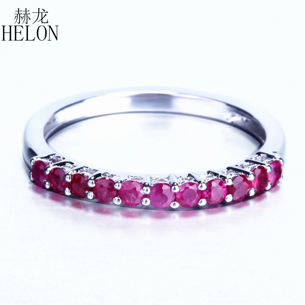 

HELON Solid 14K (585) White Gold Half Eternal Band Round 0.4CT 100% Genuine Ruby Brilliant Engagement Wedding Fine Jewelry Ring