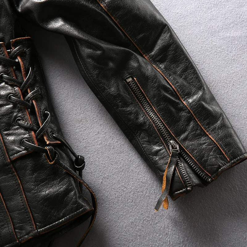 Новое поступление, Мужская винтажная куртка из натуральной кожи, облегающая, Воловья кожа, мотоциклетная байкерская куртка для мужчин, черное пальто