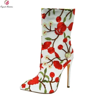 

Original Intention Gorgeous Women Ankle Boots Embroider Pointed Toe Thin Heels Boots Stylish White Shoes Woman Plus US Size 4-15
