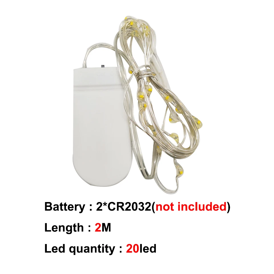 CR2032 Battery-2M Светодиодный светильник-гирлянда s 10 м, 5 м, 2 м, 1 м, серебряная проволока, гирлянда, праздничная, Рождественская, свадебная, праздничная, на батарейках, 5 В, USB, сказочный светильник - Испускаемый цвет: CR2032 Battery-2M