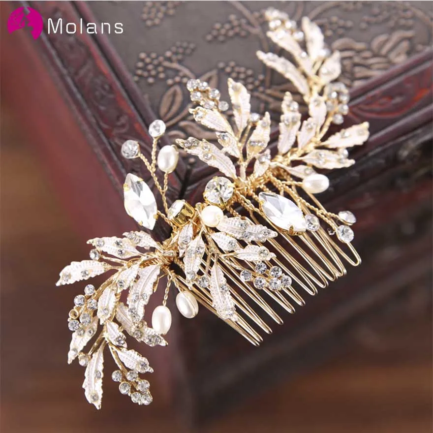 

MOLANS Crystal Beads Headdress Sticks Combs Gold Leaf Hairpins for Bride Wedding Accessories Hair Ornaments Bridal Headpieces