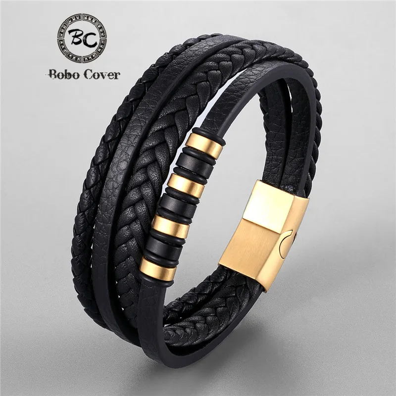 

Fashion Multi-layers Braided Genuine Leather Bracelet Wristband Stainless Steel Charm Bracelets Men Women Luxury Jewelry homme