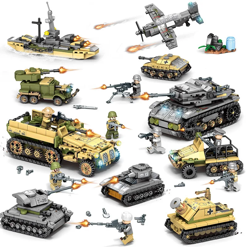 

1061PCS 8in2 LegoING Military WW2 Army Truck Plane Tank Building Block Set Car Weapon Soldier Bricks Figures Toys for Children