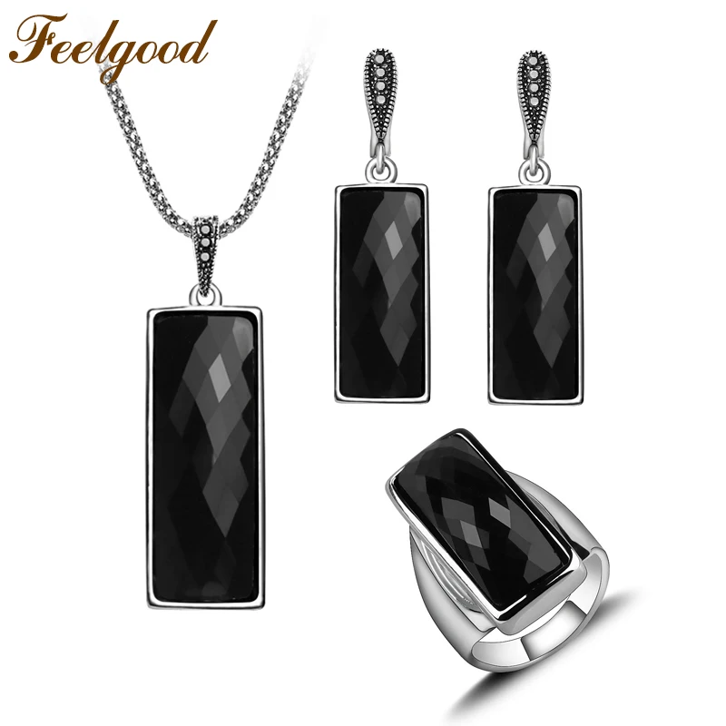 

Feelgood Fashion Jewellery Long Cut Black Resin Silver Color Vintage Jewelry Sets With Necklace Earring Ring Women Party Gift