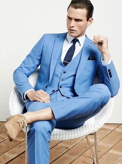 Traje azul claro de boda para hombre, traje de esmoquin hombre, personalizado, terno masculino, ajustado, trajes formales para hombres (chaqueta + Pantalones + chaleco + corbata) - AliExpress