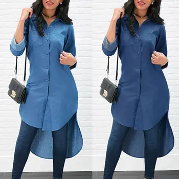 

New Casual Women Denim Shirt Summer Long Shirts Loose Long Roll-Up Sleeve Tops Fashion Women Clothes