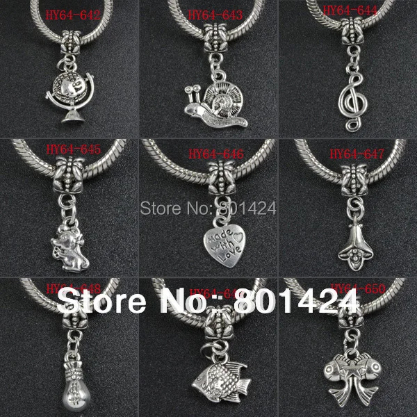 

free shipping 36pcs european large hole beads zinc antiquated silver bracelet floating charm globe/escargot/musical note/heart