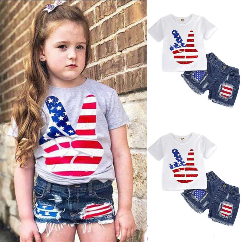 2019 Baby Boys Girls Clothes Set Summer Toddler Unisex Kid Outfit Fourth of July T-shirt+Denim Shorts Children Clothing 2pcs | Детская