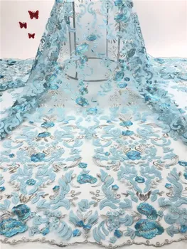 

NEW High Quality 2019 Tulle French Nigerian Lace Fabrics Pearls Embroidered Guipure African 3d Lace Fabric sky blue ff5-23