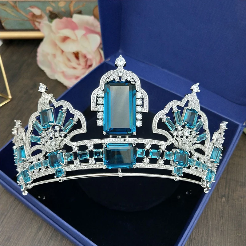 HIMSTORY большой квадратный вымощенный кубический циркон Корона CZ диадема Винтаж Синий Кристалл Свадебные аксессуары для волос
