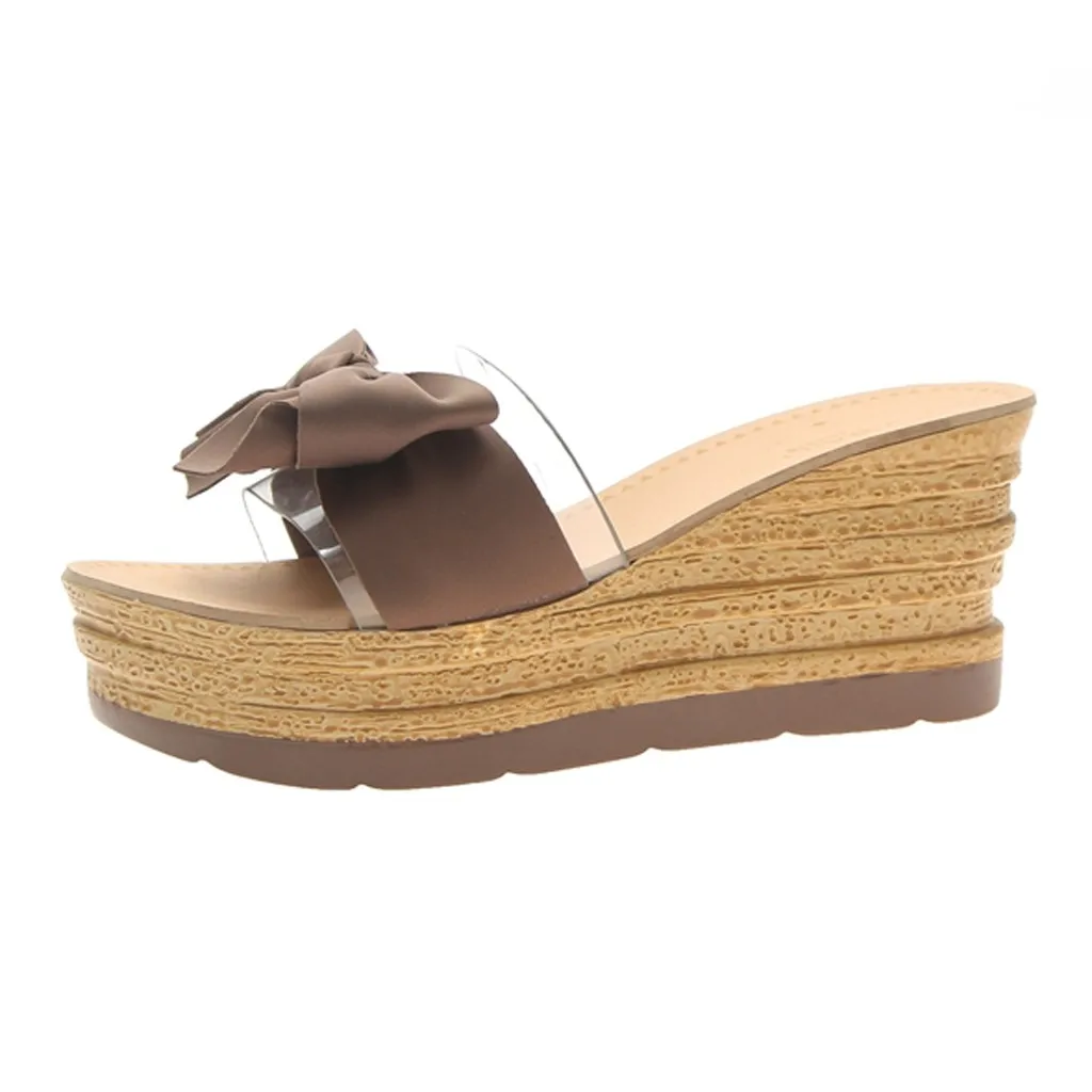 

SAGACE Summer Women Wedge Slippers Platform Bow Transparent Sexy High Quality Outsid Ladies Shoes Slippers Beach Slipper