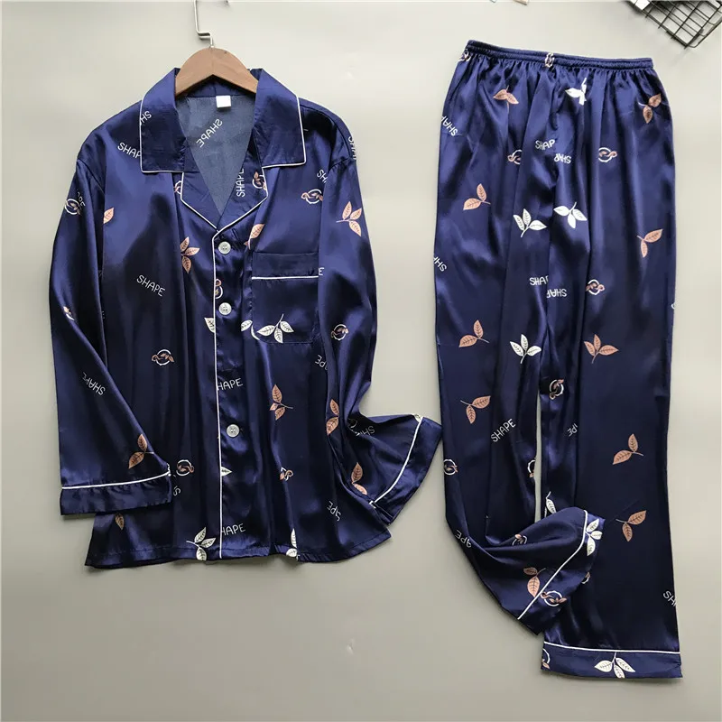 Новая брендовая мужская пижама с длинными рукавами, шелковая мужская пижама с принтом, Повседневная Домашняя одежда, мужская одежда для