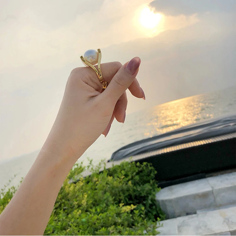 Кольцо Peri'sBox с большим золотым жемчугом для женщин, эффектное кольцо с белым жемчугом, большие вечерние кольца, ювелирные изделия, с фабрики