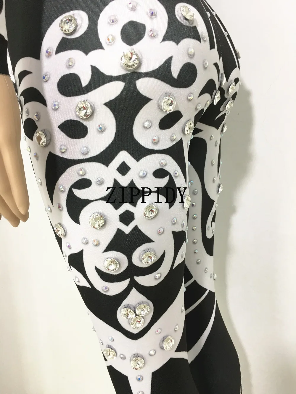Fashion Shining Black White Printed Rhinestone Jumpsuit Female Leggings Costume One-piece Bodysuit Stretch Outfit Party Costume