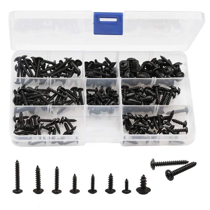 

200PCS Black Iron Oxide Phillips Round Head Screws Self-tapping Screws M2.9-M4.8 Cross Machine PWA Fastener Screw Kit Assortment