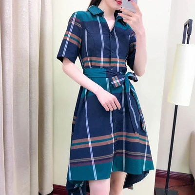 Vestidos летнее элегантное асимметричное платье с подолом, облегающее платье с коротким рукавом и отложным воротником, вечерние женские платья в клетку, большие размеры - Цвет: green