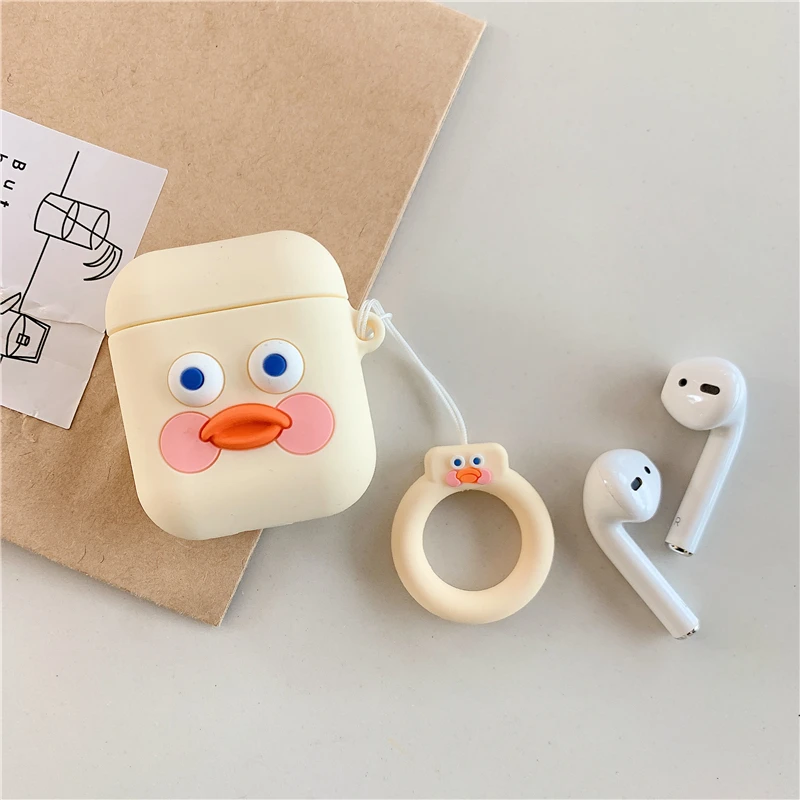 Чехол для AirPods Милая мультяшная утка шаблон кожухи головных телефонов для Apple Airpods 2 Чехол Funda с кольцом на палец - Цвет: white duck