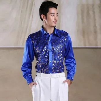 

Men's Slim Long Sleeve Shirt Chorus Host Dance Performance Costume Stage Performance Square Sequins Shirt