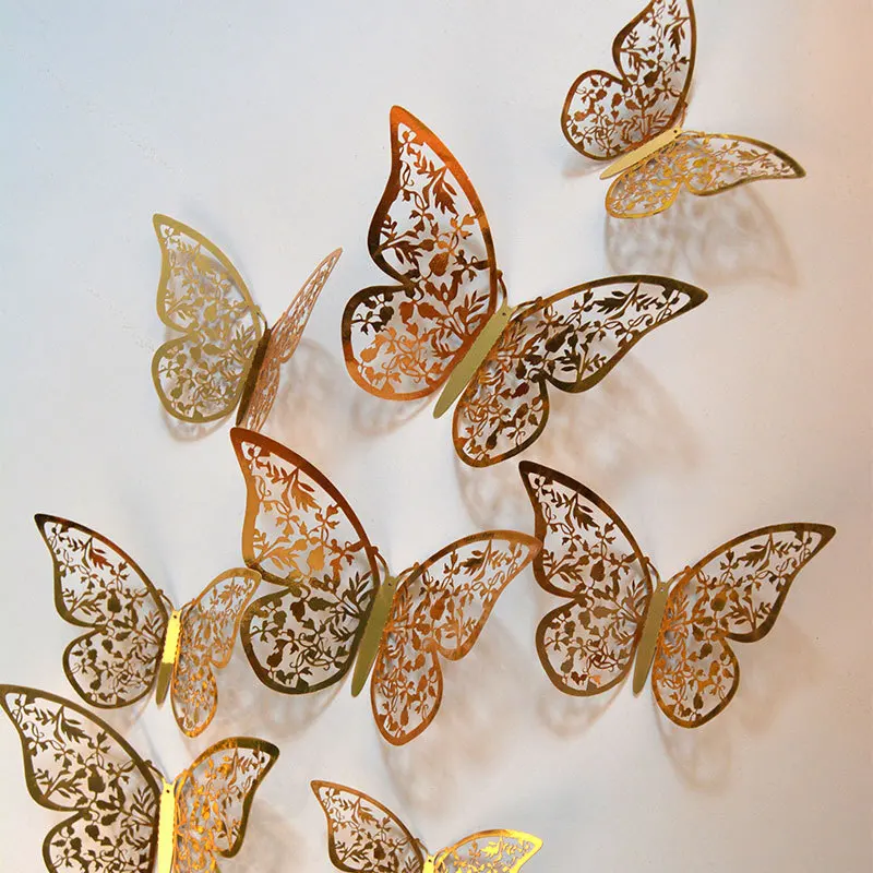 

3D Metal texture gold sliver Hollow Butterfly wall sticker Living room bedroom simulation butterfly decoration 12pcs/set sticker
