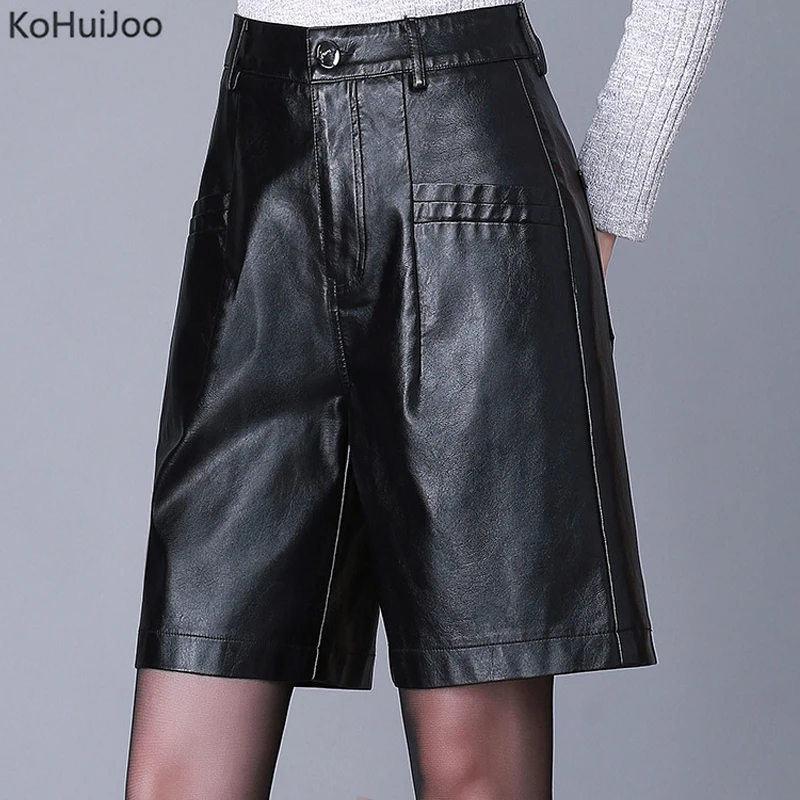 

KoHuiJoo Ladies Faux Leather Shorts Pockets Loose Large Size Women Pu Shorts High Waist Casual Wide Leg Shorts Female Black