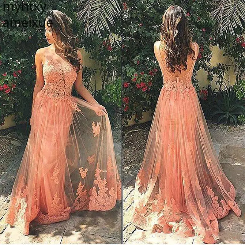 

New Cheap Evening Gowns Peach Tulle Backless A Prom Dressess Sheer Neck Sleeveless Floor Length Sexy Formal Wear Puffy Dresses