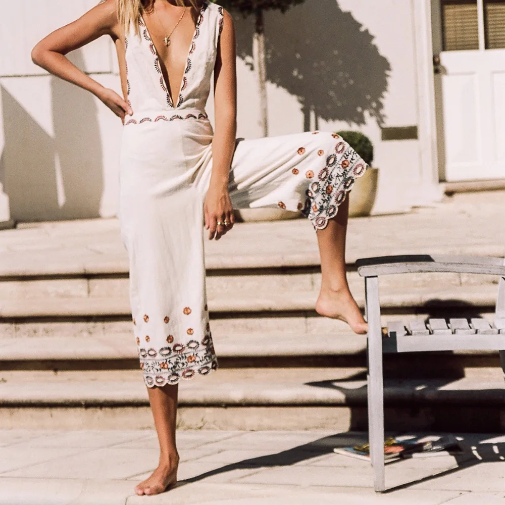 Women's clothing boho jumpsuits floral embroidery loose cross backless playsuits deep V-neck holiday bodysuits calf-length suits