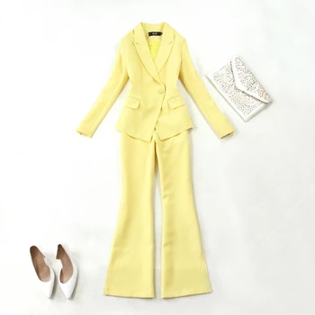 

Spring Work Pant Suits OL 2 Piece Sets Single buckle yellow Blazer Jacket & Zipper Flare pants Suit For Women Set Feminino