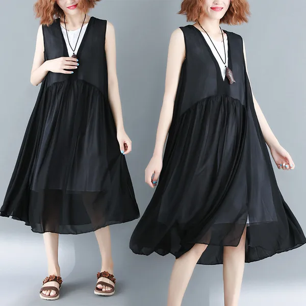 

BIG SIZE New Summer Sexy Elegant V Neck False Two Piece Tops Ladies Female Large Swing Long Layered Split Vest Dresses Vestidos