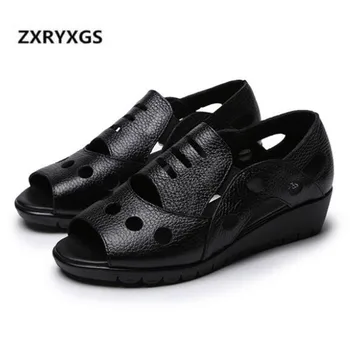 

2019 New Summer Retro Hollow Cow Leather Shoes Sandals Women Non-slip Soft Bottom Black Casual Shoes Woman Comfort Women Sandals