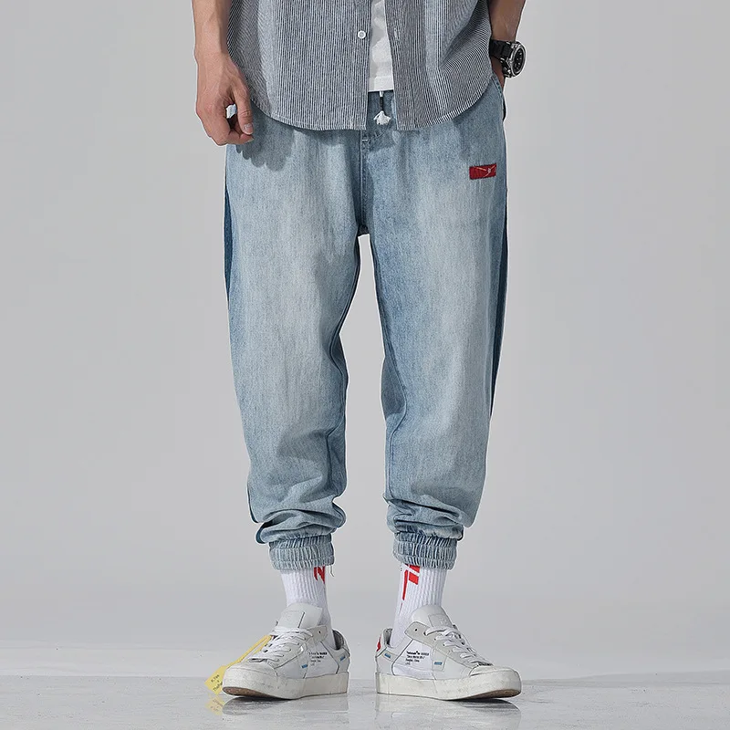 

2019 Elastic Waist Hip Hop Side Strap Patchwork Ripped Denim Jeans Men Streetwear Men Jeans Loose Trousers Male