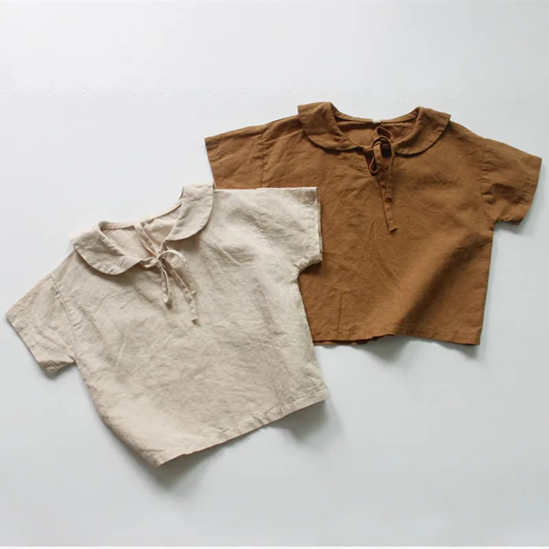 

2019 Autumn Cotton Linen Baby Girls Shirts Korean Style Girls Short Sleeve Tops Kids Clothes Casual Preppy Style Blouses G004