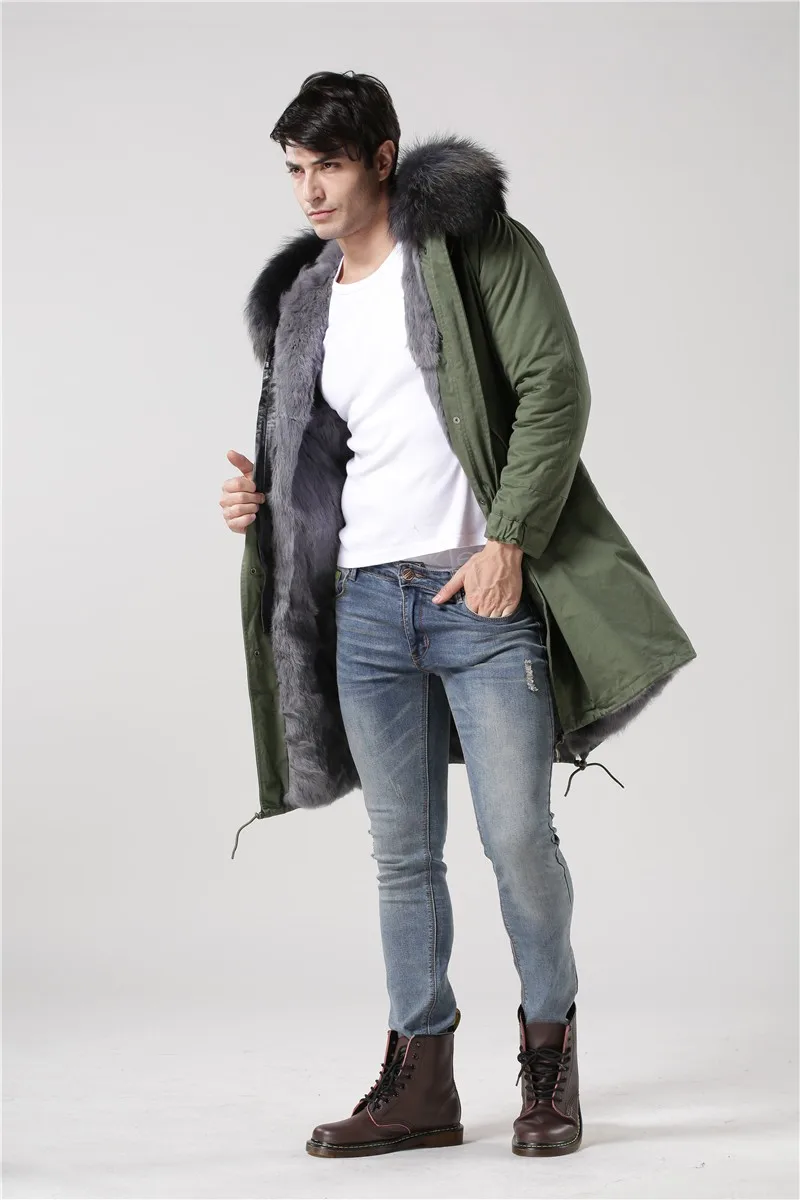 Итальянский дизайн, зимняя длинная Стильная верхняя одежда, теплое мужское серое меховое серое пальто с воротником из натурального меха енота, Мужская меховая парка с капюшоном