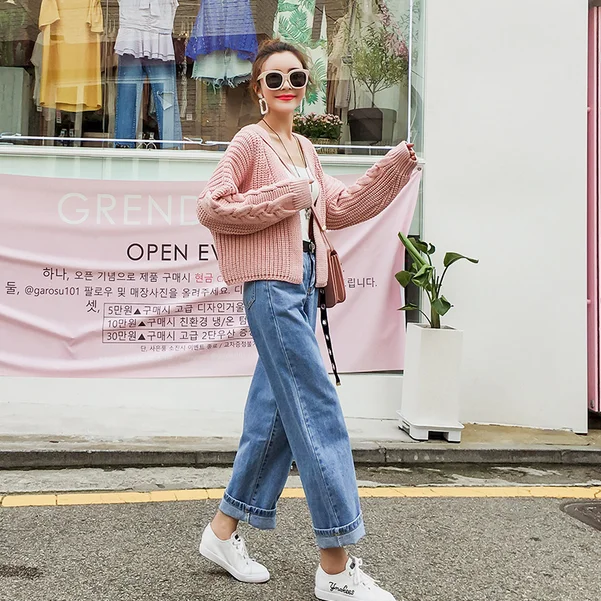 

2017 Spring Autumn New Full Sleeve Pattern Weave Short Knitted Cardigan Loose Sweater Chic Jacket Female Coat