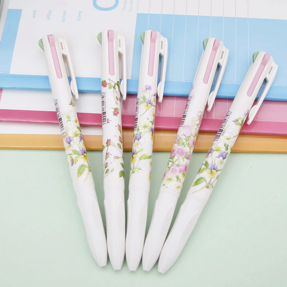 

4 In 1 Colored Ballpoint Pen Floral Pens Kawaii Stationery Canetas Material Office School Supplies