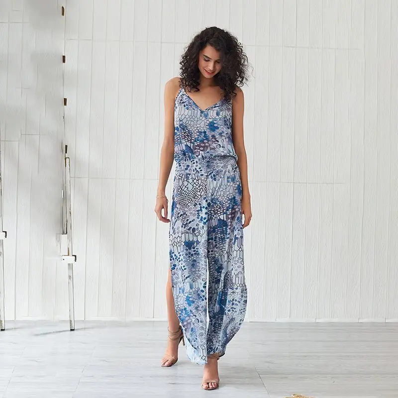Summer Fashion Printed Beach Jumpsuit Women Boho Sexy V Neck Backless Overalls Chic Wide Leg Pants Split Blue Casual Jumpsuits Summer Fashion Printed Beach Jumpsuit Women Boho Sexy V Neck Backless Overalls Chic Wide Leg Pants Split Blue Casual Jumpsuits