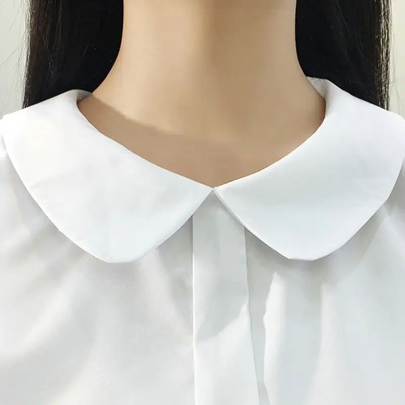 Корейская мода, шифоновые женские рубашки с оборками, женские белые рубашки с круглым вырезом и коротким/длинным рукавом, блузка, женская блуза, женские топы