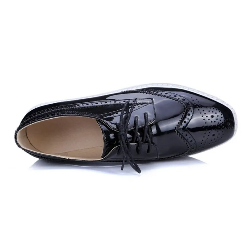 Plus Size 32-48 Women Pumps Oxfords Fashion Patent Leather Wedges Women Shoes Black Silver Lace Up Ladies Brogue Shoes High Heel (2)