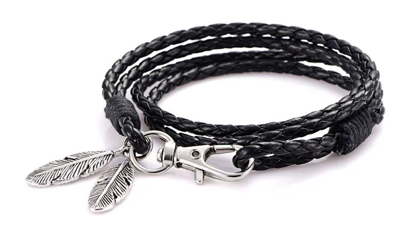 NIUYITID Black PU Leather Men Bracelet Silver Feather Accessories Fashion Jewelry Man Bracelet For Wristband Male Charm (15)
