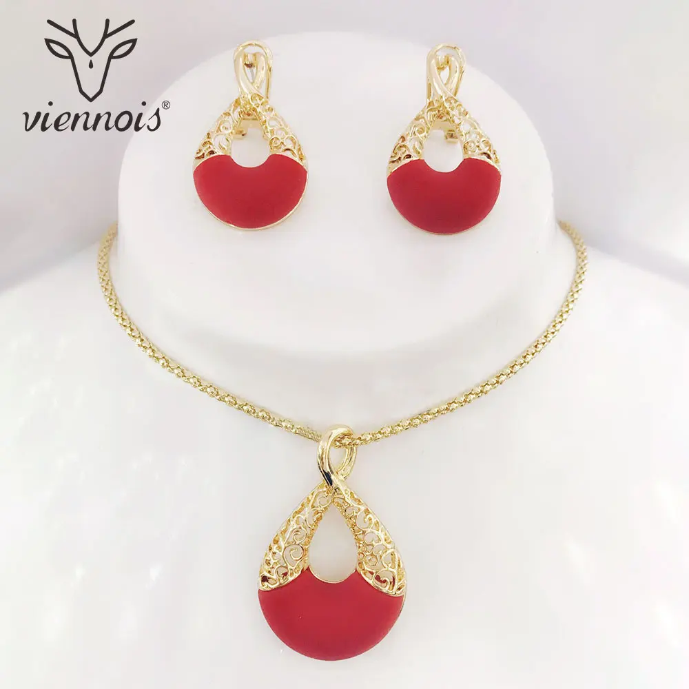 

Viennois Gold Color Hollow Red Resin Drop Earrings Jewelry Set for Women Jewelry Sets