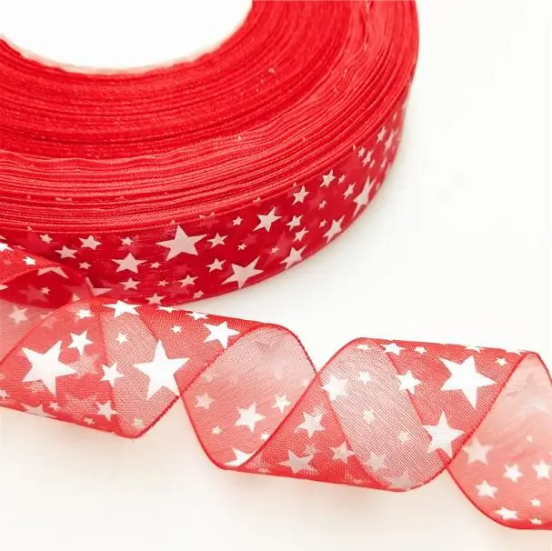 suoja 10Yards/lot 1"(25mm) Printed Star Organza Ribbon Hair Bow Wedding Christmas Decoration DIY Sewing - Цвет: RED