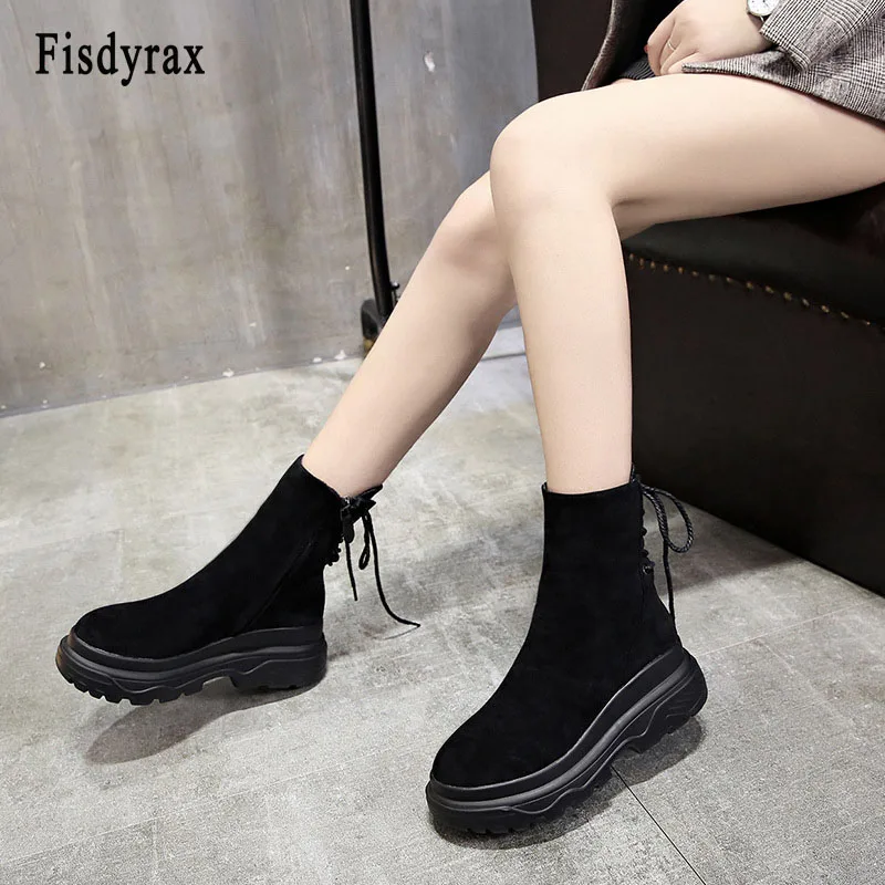 

Fisdyrax 2018 Autumn Women Ankle Boots High Top Slip on Platform Motorcycle Boots Winter Warm Wedges Fur Casual Shoes Woman