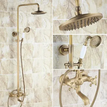 

Vintage Retro Antique Brass Dual Cross Handles Bathroom 8 Inch Round Rain Shower Faucet Set Tub Mixer Tap Hand Shower mrs122
