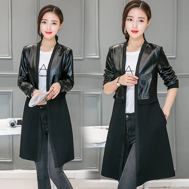To film a new ethos of England quality dust coat female coat in the spring and autumn fashion PU leather long leather coat of cu