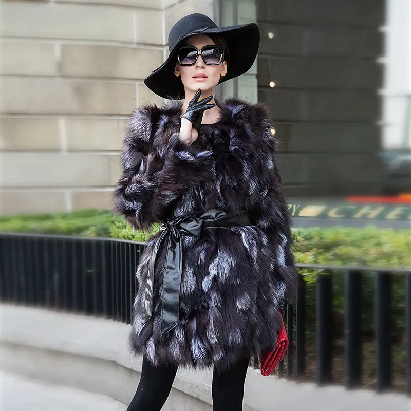 

Winter Natural Silver Fox Fur Coat Ladies Real Fur Overcoat Women's Fashion Long Sleeve Genuine Fur Clothes Free shipping