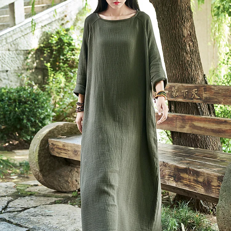 

Oversize Female long robe retro cotton linen gown beautiful women long sleeved dress vintage loose Jurk breathable clothes