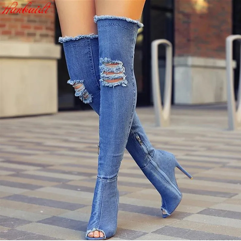 

Hanbaidi Women boots Spring/Autumn New Fashion Denim Women Over the Knee Boots Sexy Peep Toe Women High Heels Sapato Feminino