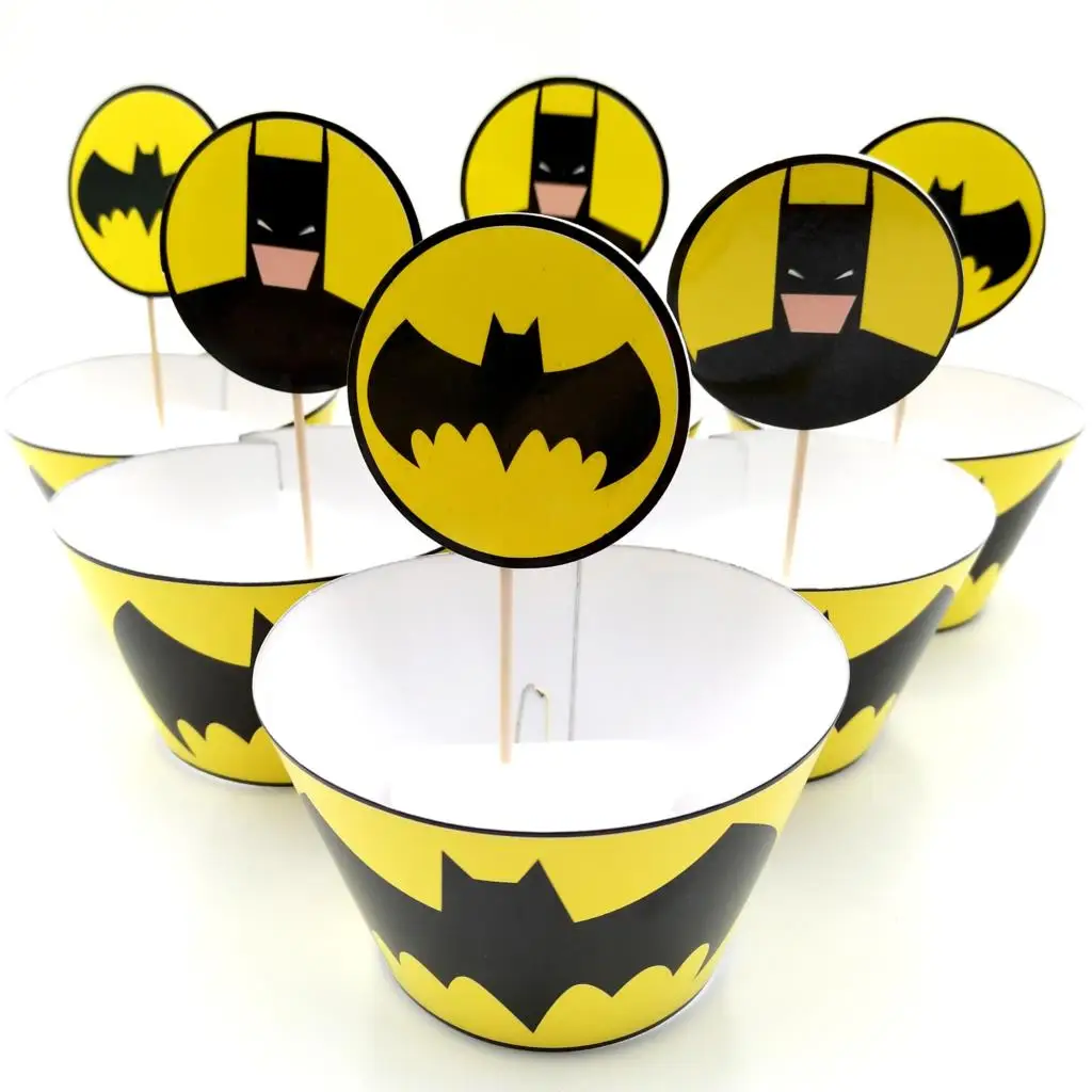 

24pcs Cartoon Batman Cupcake Wrappers toppers Picks Boy kids Birthday Wedding Party Cake Decoration baking accessories Supplies