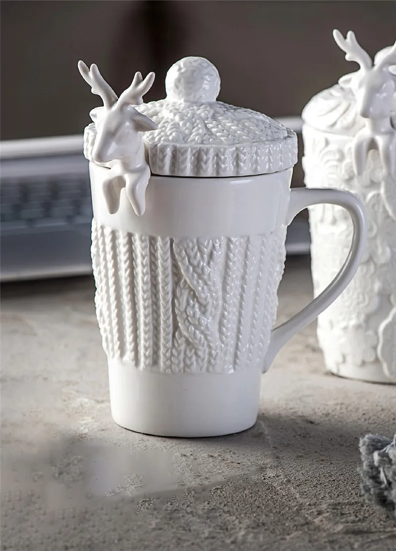 Кофейные чашки, покрытие, набор фарфоровых стаупов, белая чашка с тиснением, Классический Рождественский подарок, подарок на год, с рисунком оленя, посуда для напитков
