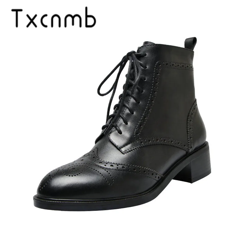 

TXCNMB 2019 New 100% Cow Leather Square Heels Boots Women Ankle Boots Lace-up Casual Shoes Woman Black White Brown