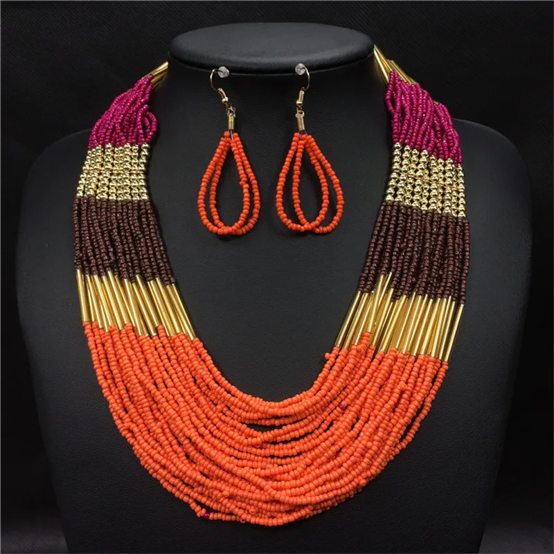 

Boho Bohemian Ethnic Jewelry Sets Long Multi Layer Strand Beaded Earrings African Beads Necklace Set Women Collier Ethnique